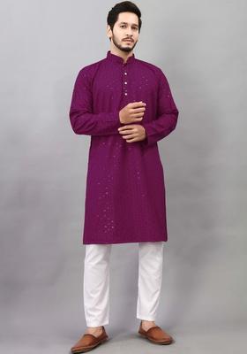 Purple Self Design Viscose Kurta Set For Men