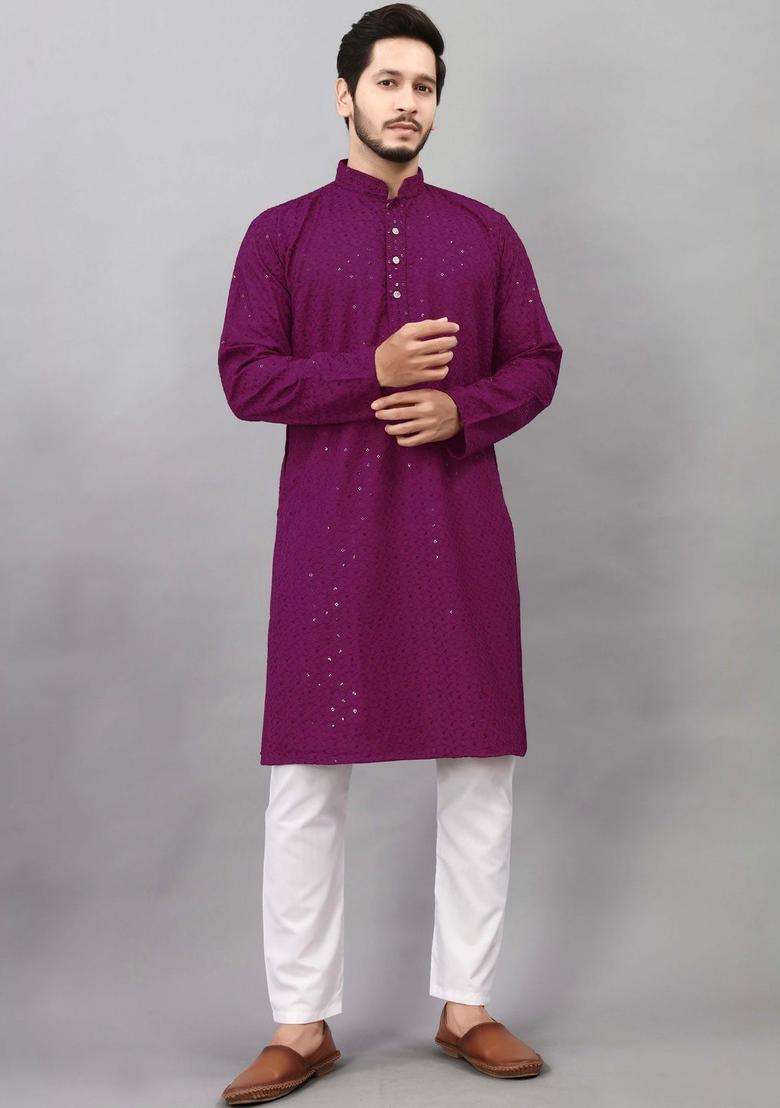 Purple Self Design Viscose Kurta Set For Men - Indya