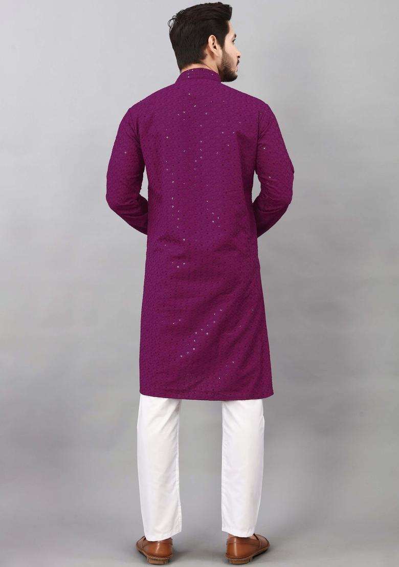 Purple Self Design Viscose Kurta Set For Men - Indya