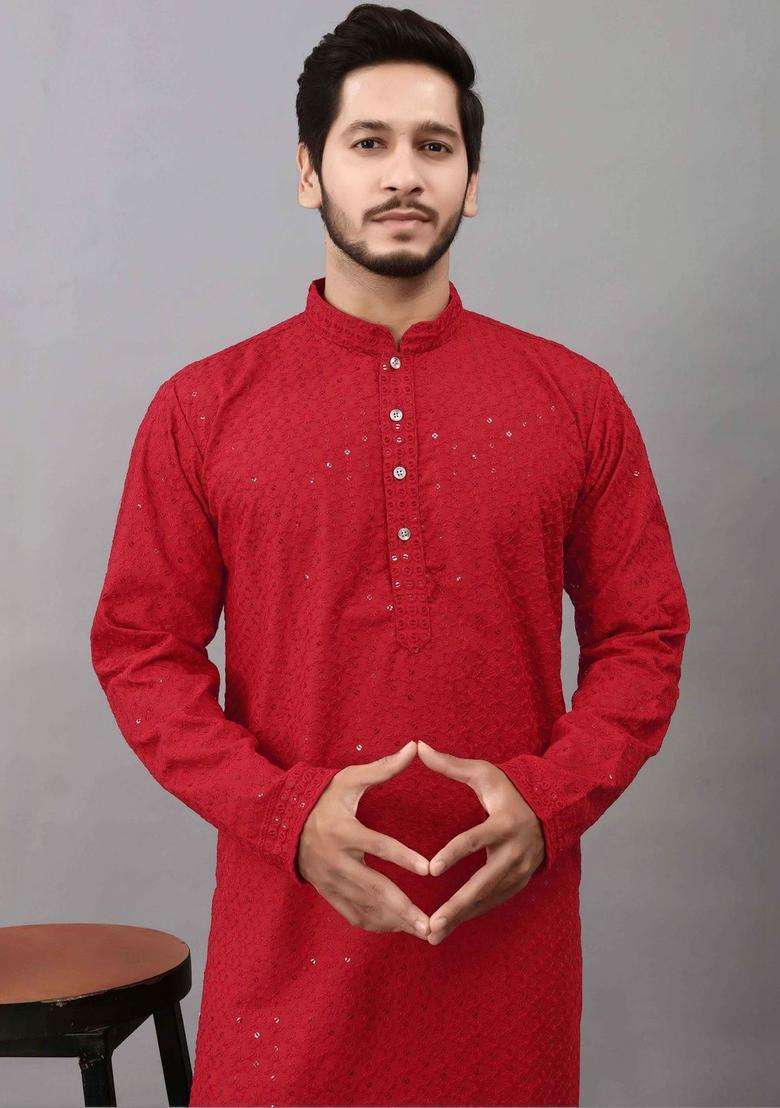 Red Embroidered Viscose Kurta Set For Men - Indya