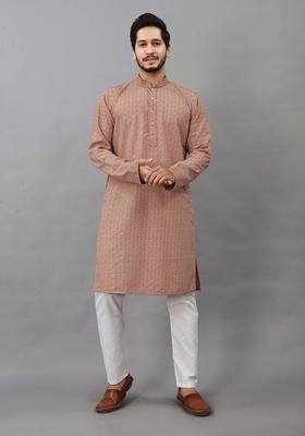 Brown Self Design Viscose Kurta Set For Men