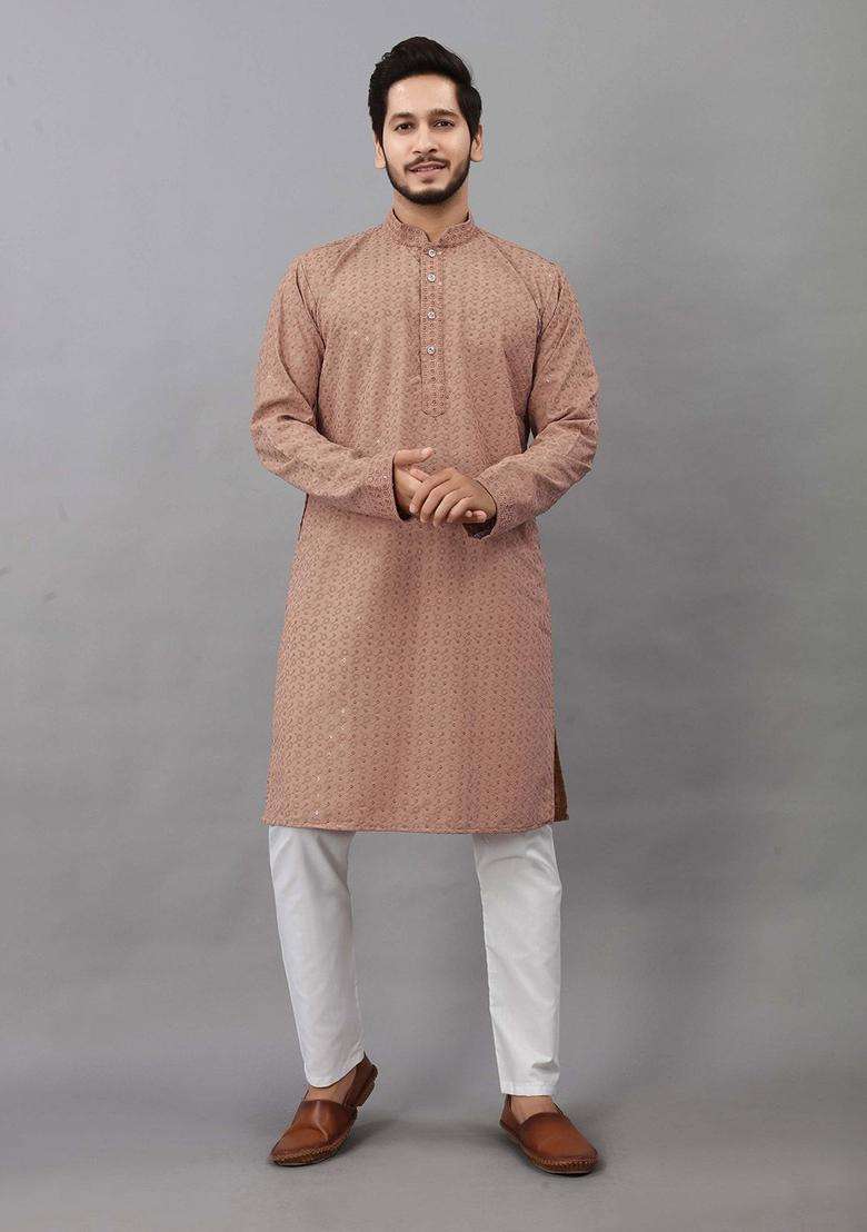 Brown Self Design Viscose Kurta Set For Men - Indya