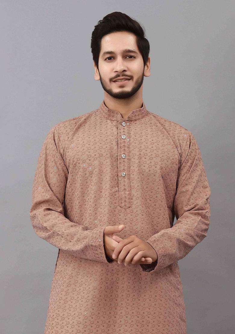 Brown Self Design Viscose Kurta Set For Men - Indya