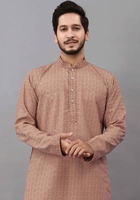 Brown Self Design Viscose Kurta Set For Men
