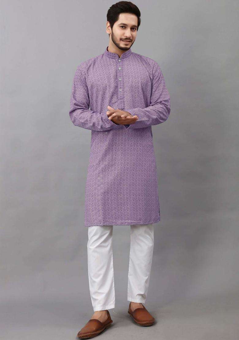 Purple Embroidered Viscose Kurta Set For Men - Indya