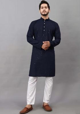 Navy Blue Embroidered Viscose Kurta Set For Men
