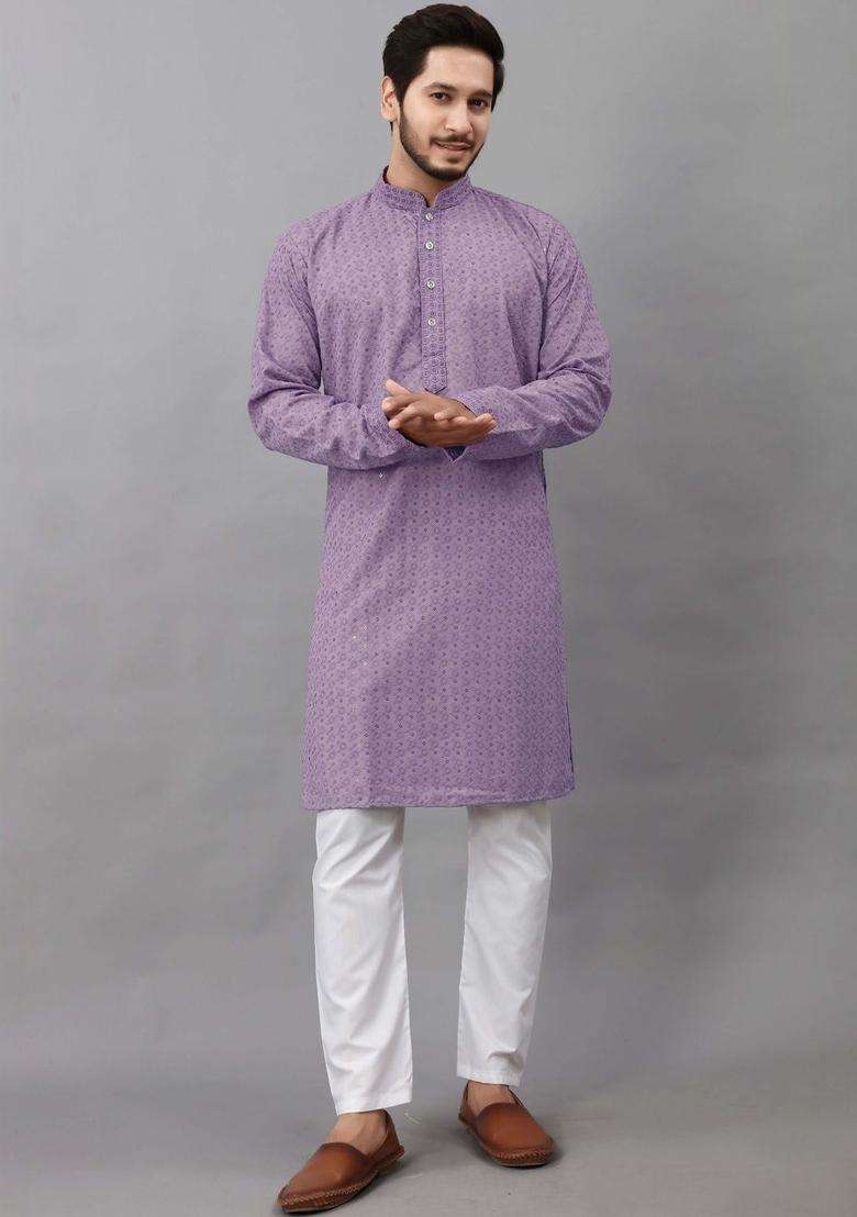 Purple Self Design Viscose Kurta Set For Men - Indya