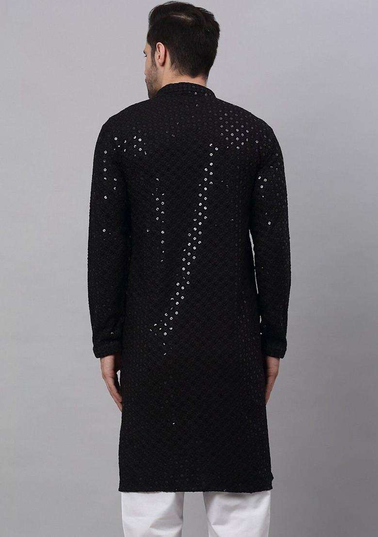 Black Self Design Viscose Kurta Set For Men - Indya