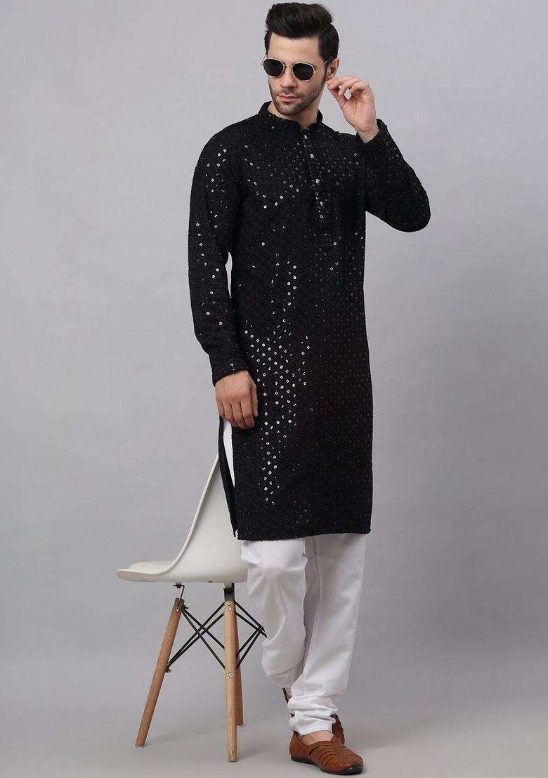 Black Self Design Viscose Kurta Set For Men - Indya