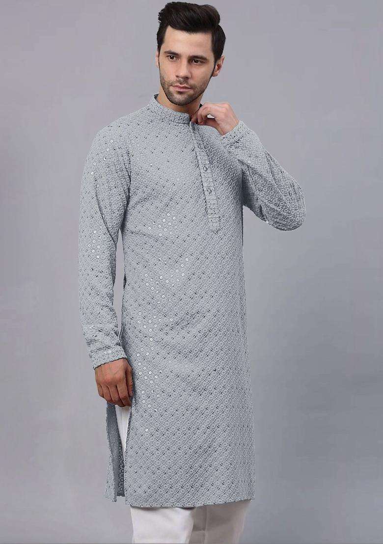 Grey Embroidered Viscose Kurta Set For Men - Indya
