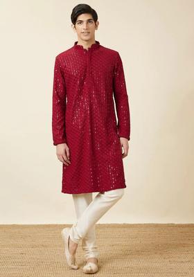 Red Embroidered Viscose Kurta Set For Men