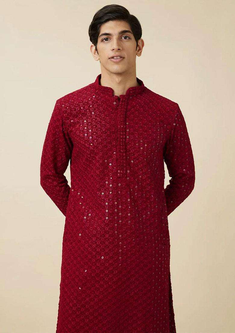 Red Embroidered Viscose Kurta Set For Men - Indya