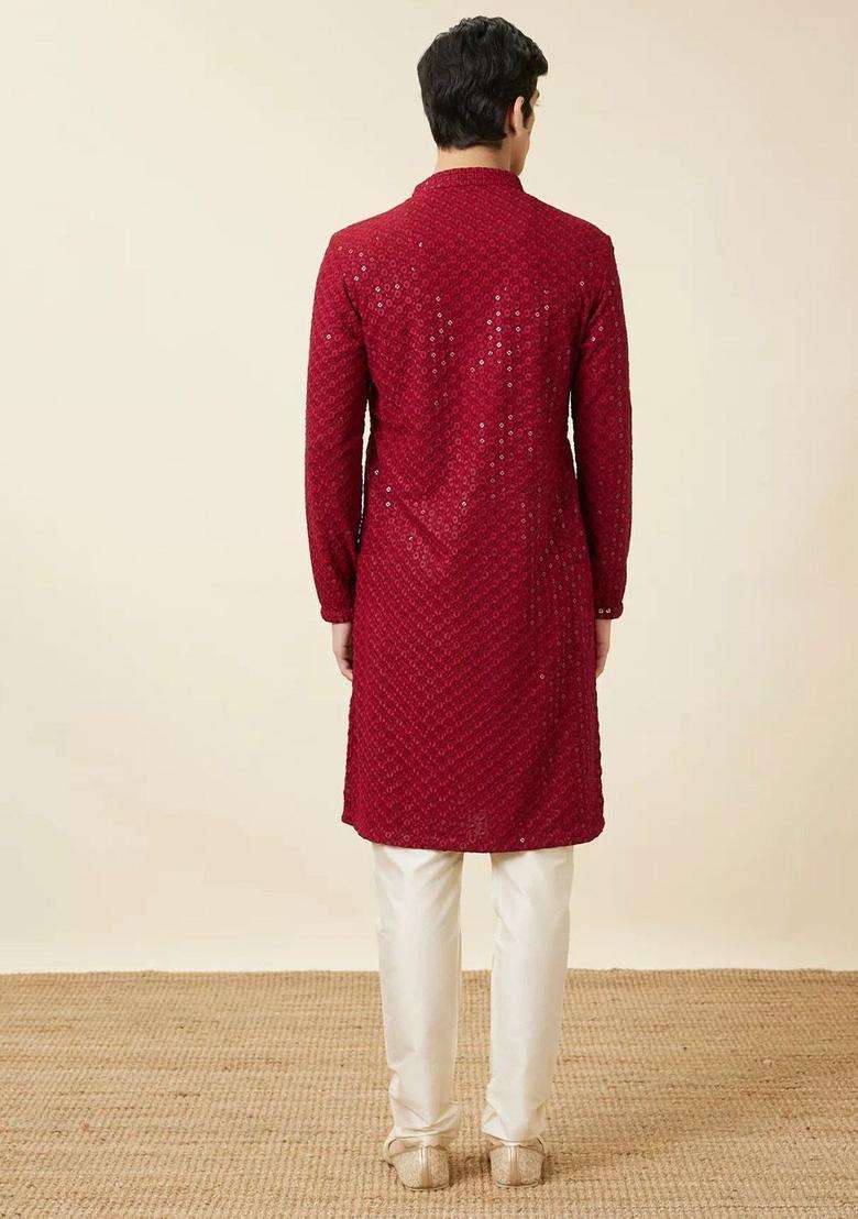 Red Embroidered Viscose Kurta Set For Men - Indya