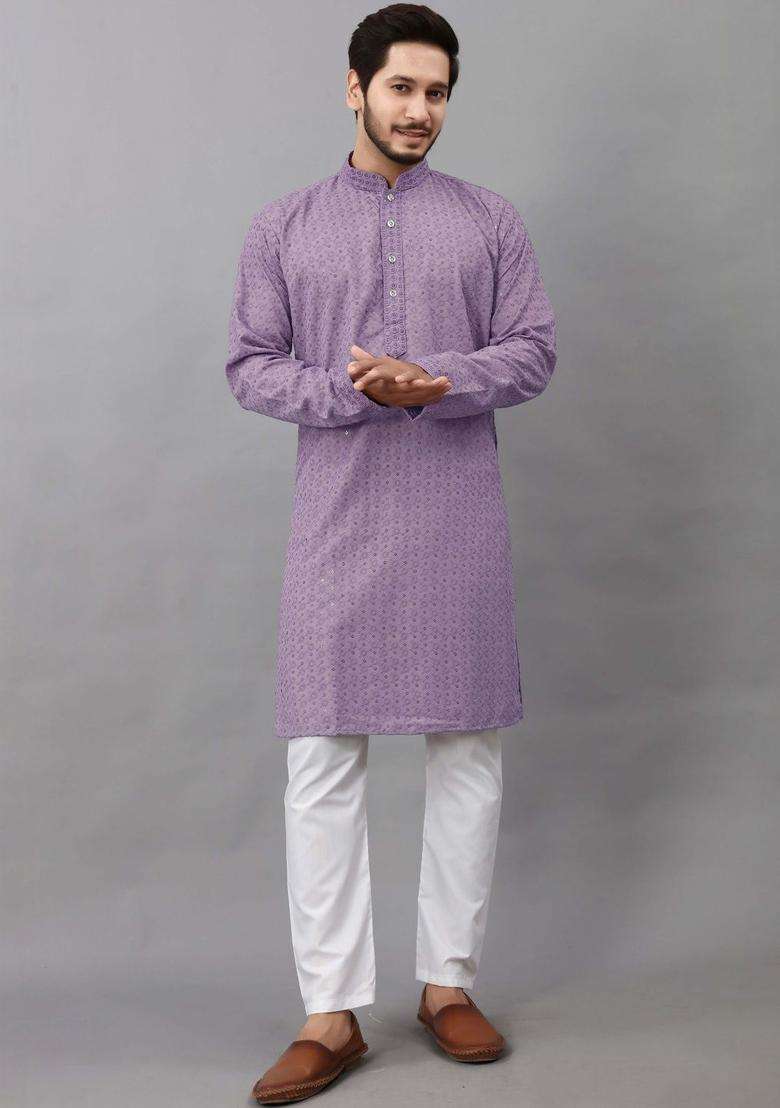 Purple Embroidered Viscose Kurta Set For Men - Indya