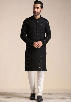 Black Embroidered Viscose Kurta Set For Men