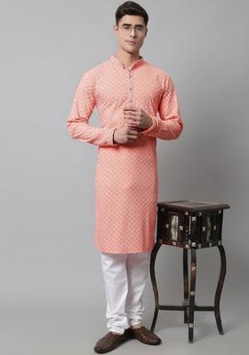 Peach Embroidered Viscose Kurta Set For Men