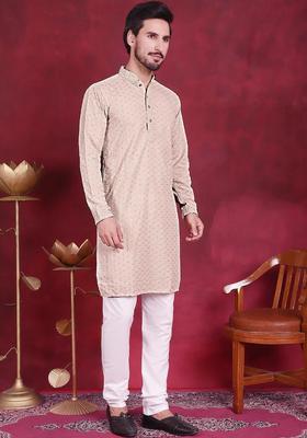 Beige Embroidered Viscose Kurta Set For Men