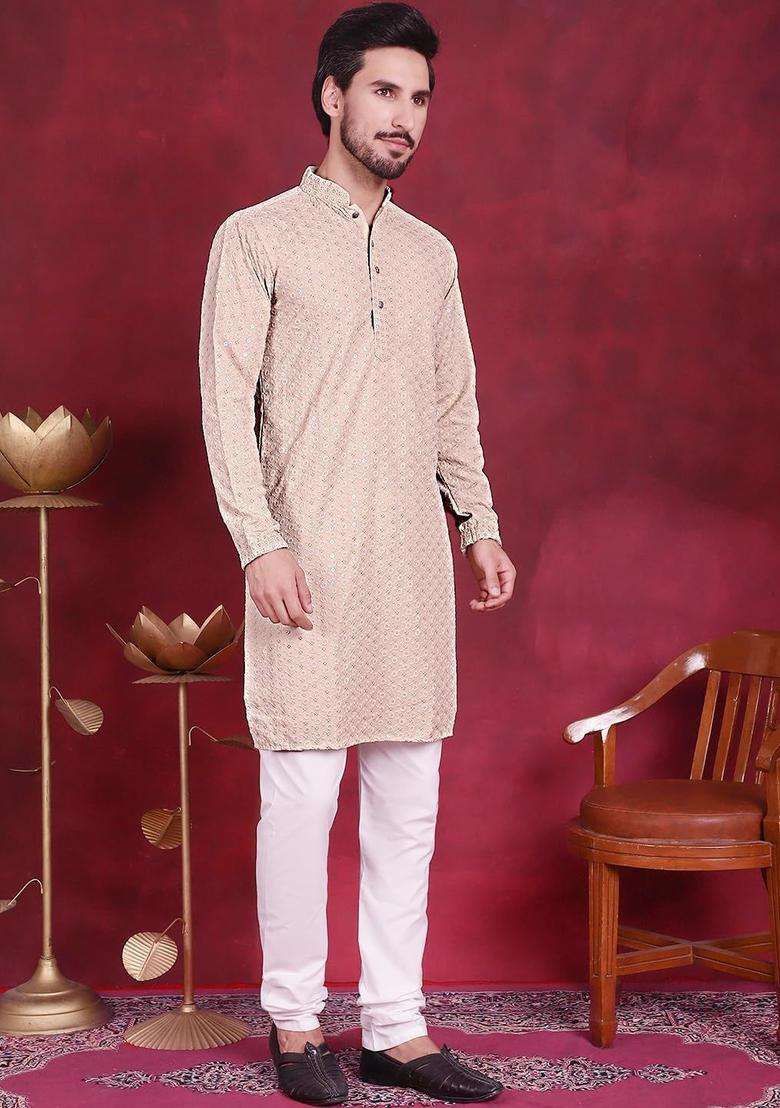 Beige Embroidered Viscose Kurta Set For Men - Indya