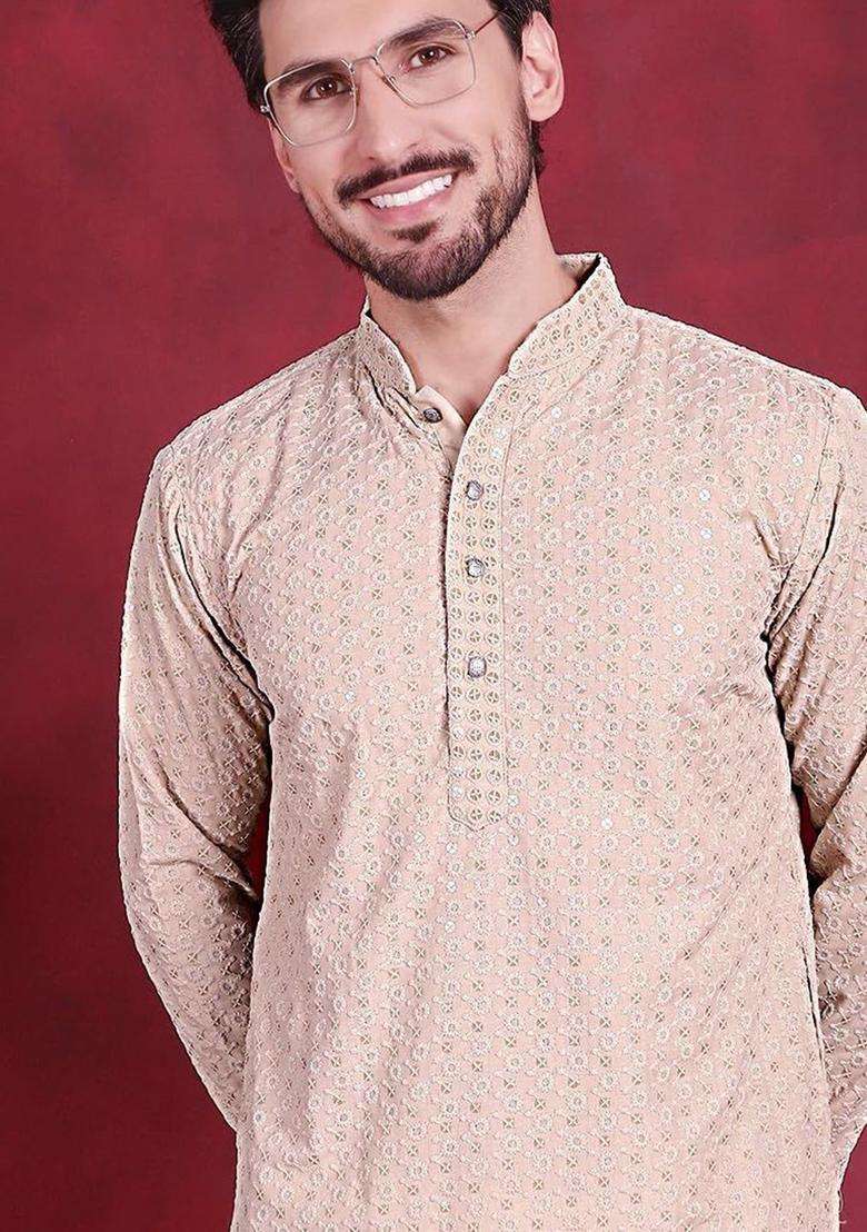 Beige Embroidered Viscose Kurta Set For Men - Indya