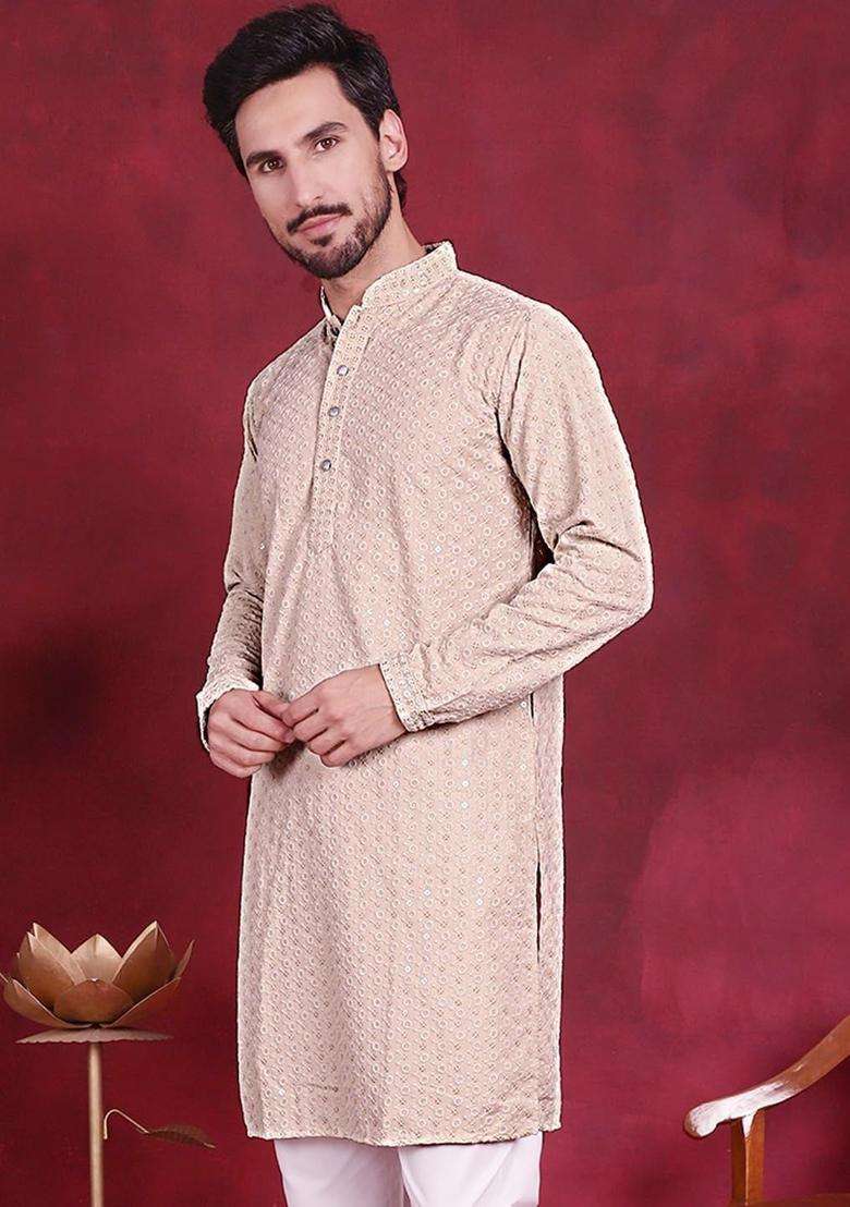 Beige Embroidered Viscose Kurta Set For Men - Indya