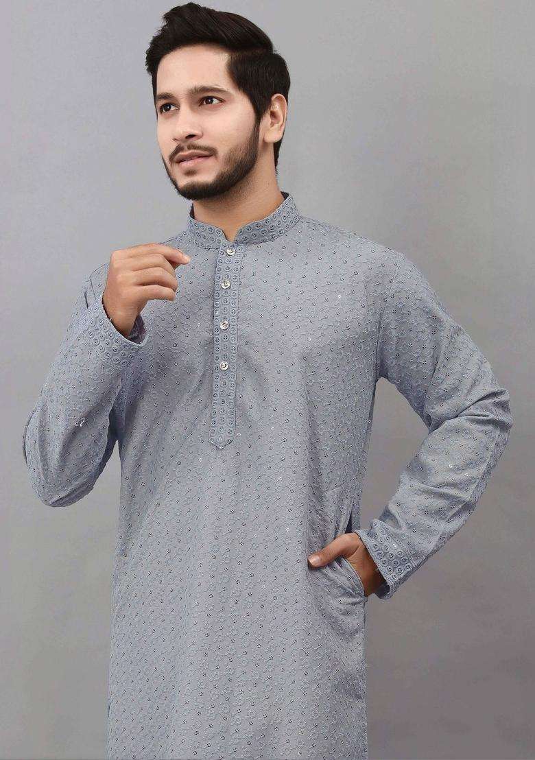 Grey Embroidered Viscose Kurta Set For Men - Indya