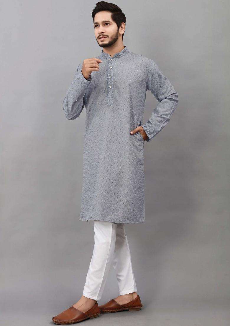 Grey Embroidered Viscose Kurta Set For Men - Indya