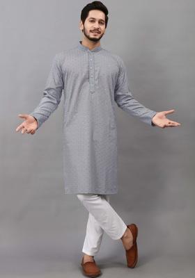 Grey Embroidered Viscose Kurta Set For Men