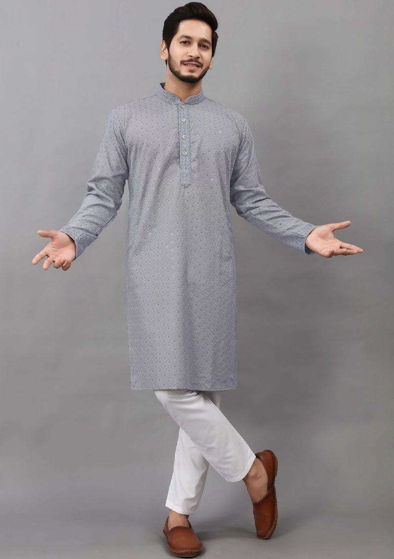 Grey Embroidered Viscose Kurta Set For Men - Indya