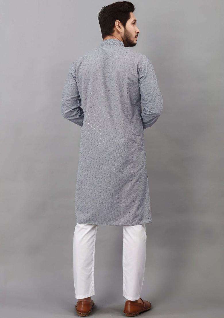 Grey Embroidered Viscose Kurta Set For Men - Indya