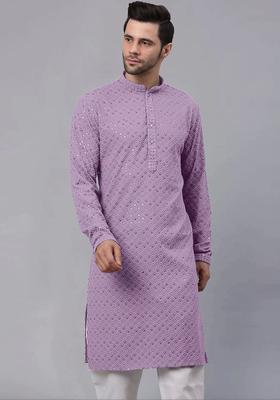 Purple Embroidered Viscose Kurta Set For Men