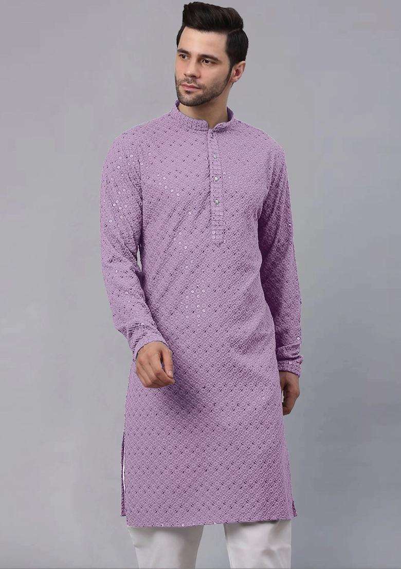 Purple Embroidered Viscose Kurta Set For Men - Indya