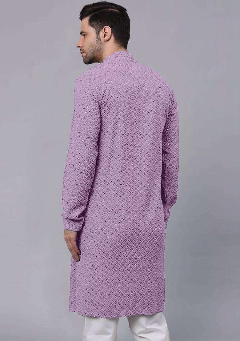 Purple Embroidered Viscose Kurta Set For Men - Indya