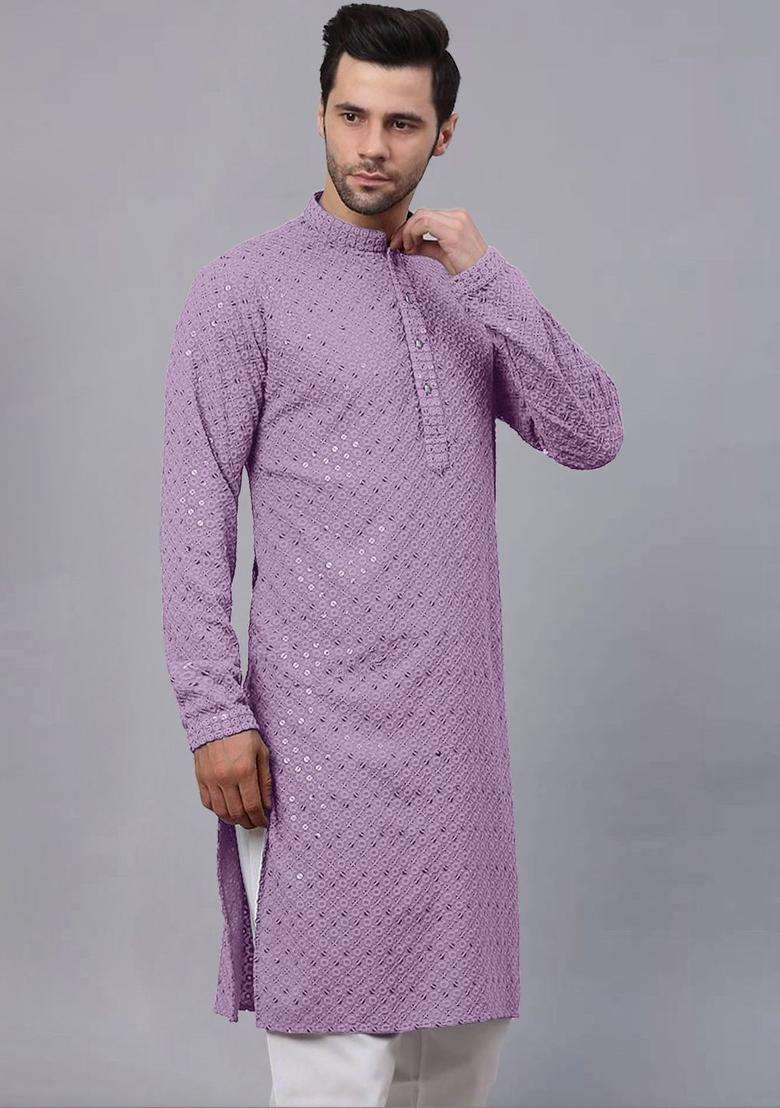 Purple Embroidered Viscose Kurta Set For Men - Indya