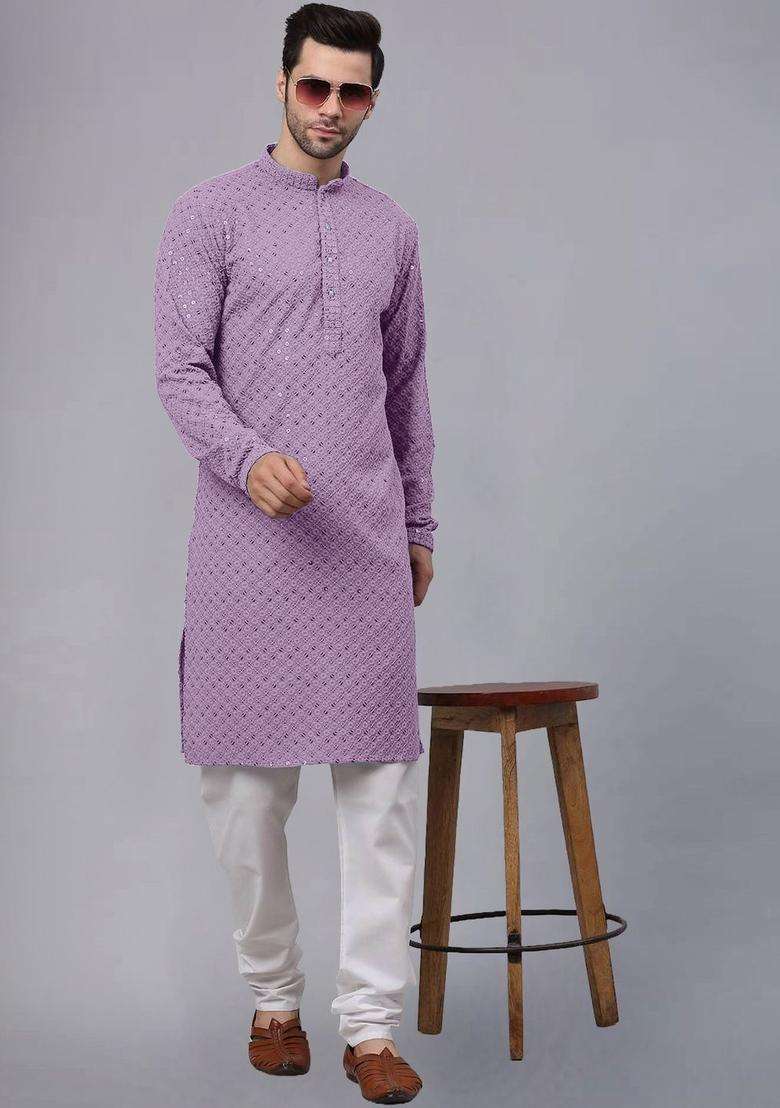 Purple Embroidered Viscose Kurta Set For Men - Indya