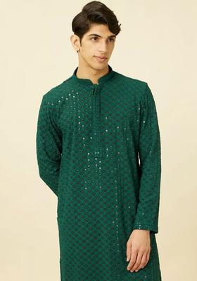 Green Embroidered Viscose Kurta Set For Men