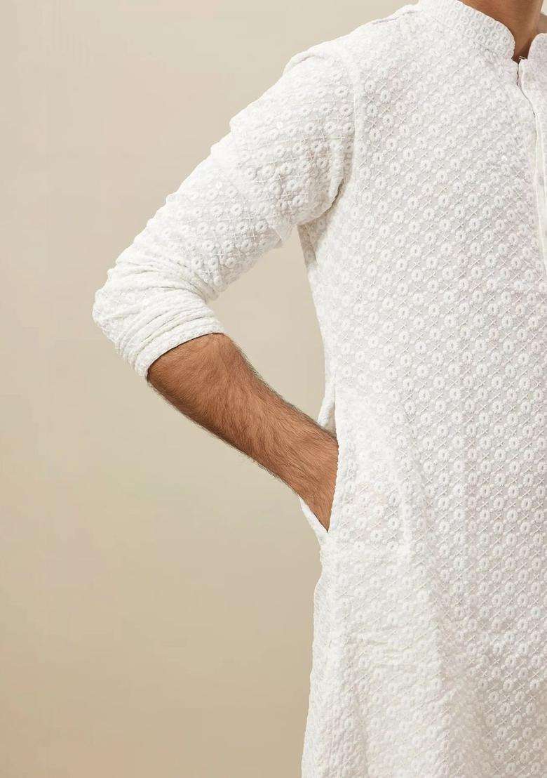 White Embroidered Viscose Kurta Set For Men - Indya