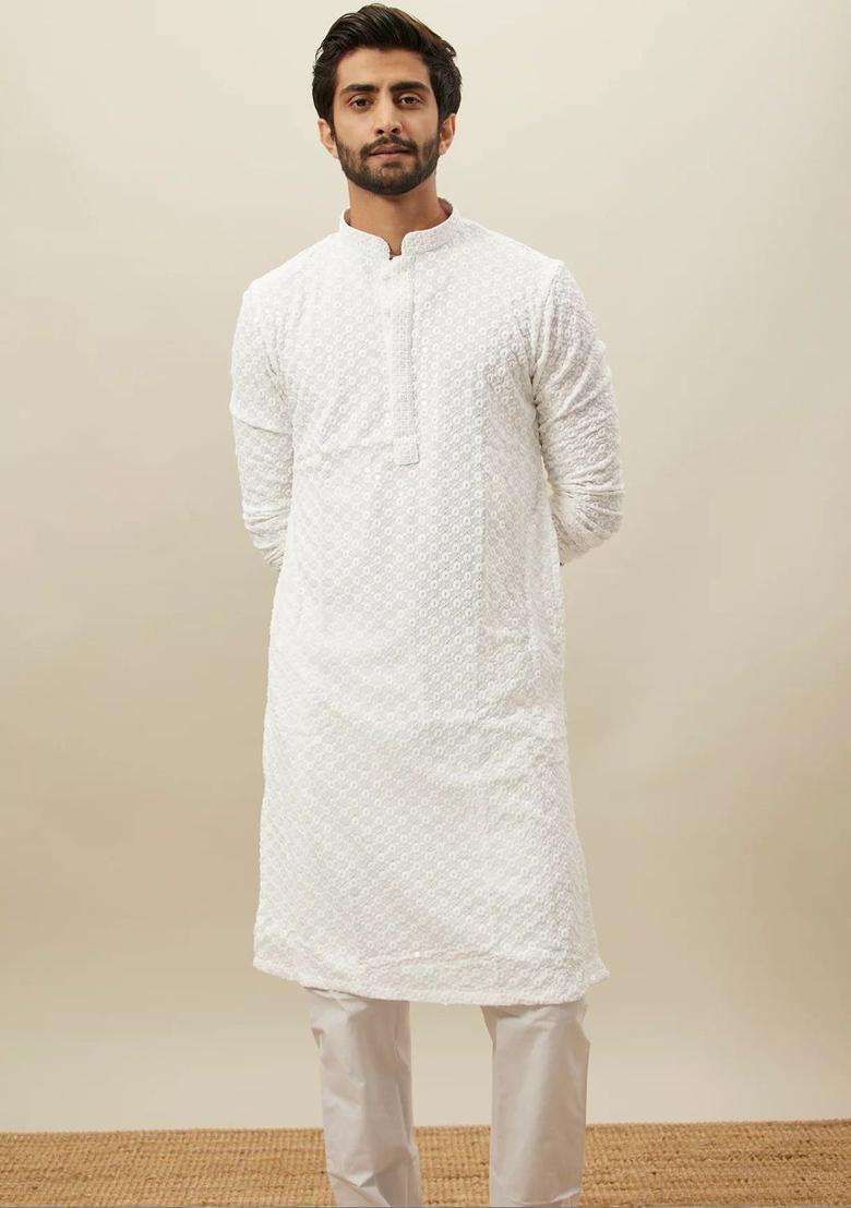 White Embroidered Viscose Kurta Set For Men - Indya