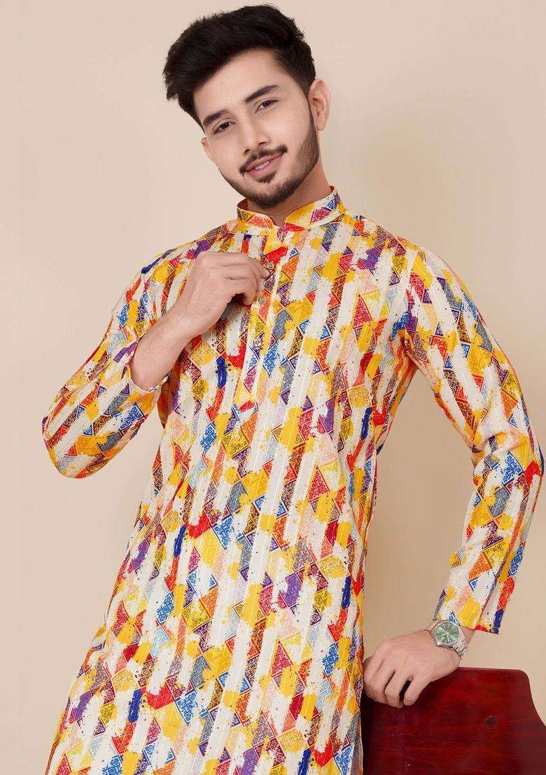 Multi Printed Viscose Kurta Set For Men - Indya