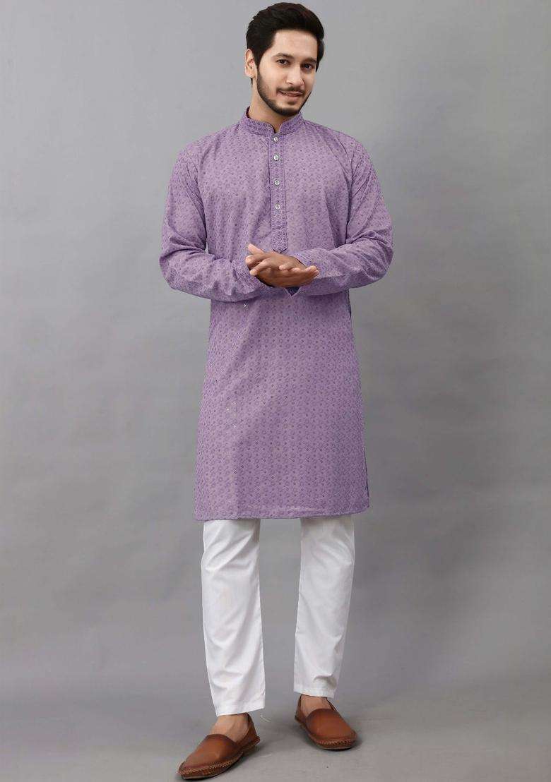 Purple Self Design Viscose Kurta Set For Men - Indya
