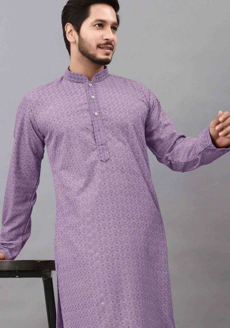 Purple Self Design Viscose Kurta Set For Men - Indya