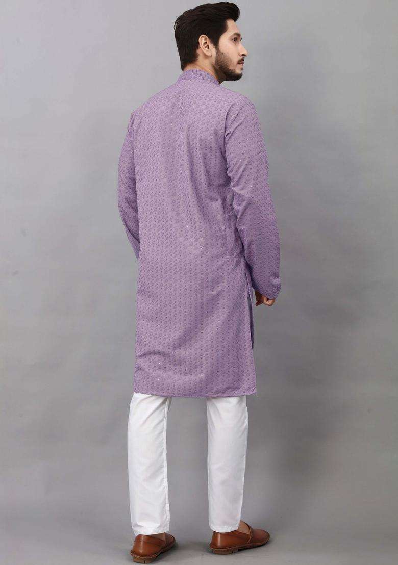 Purple Self Design Viscose Kurta Set For Men - Indya