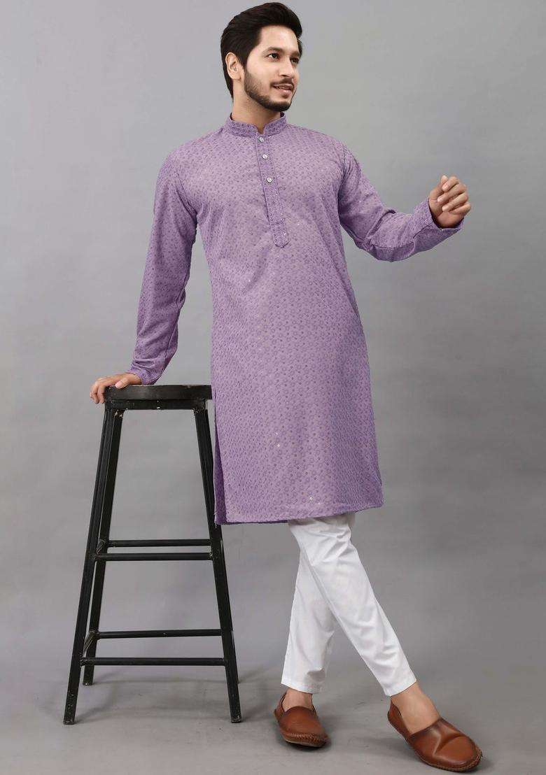 Purple Self Design Viscose Kurta Set For Men - Indya