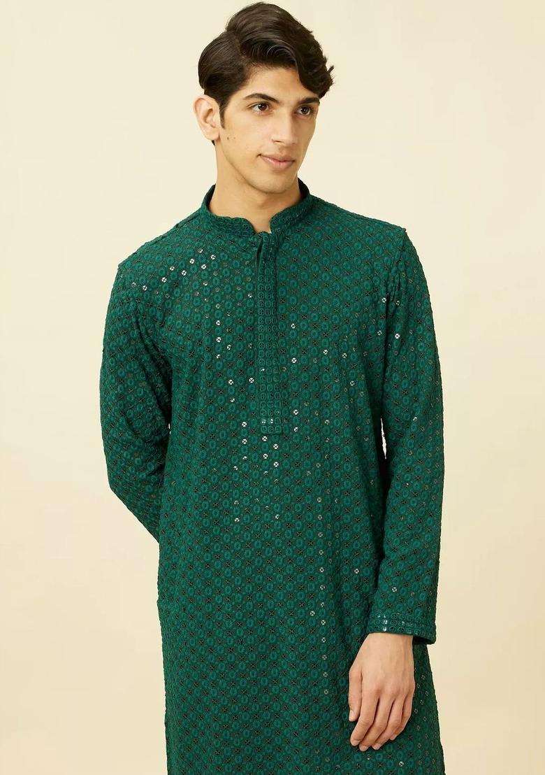 Green Woven Design Viscose Kurta Set For Men - Indya