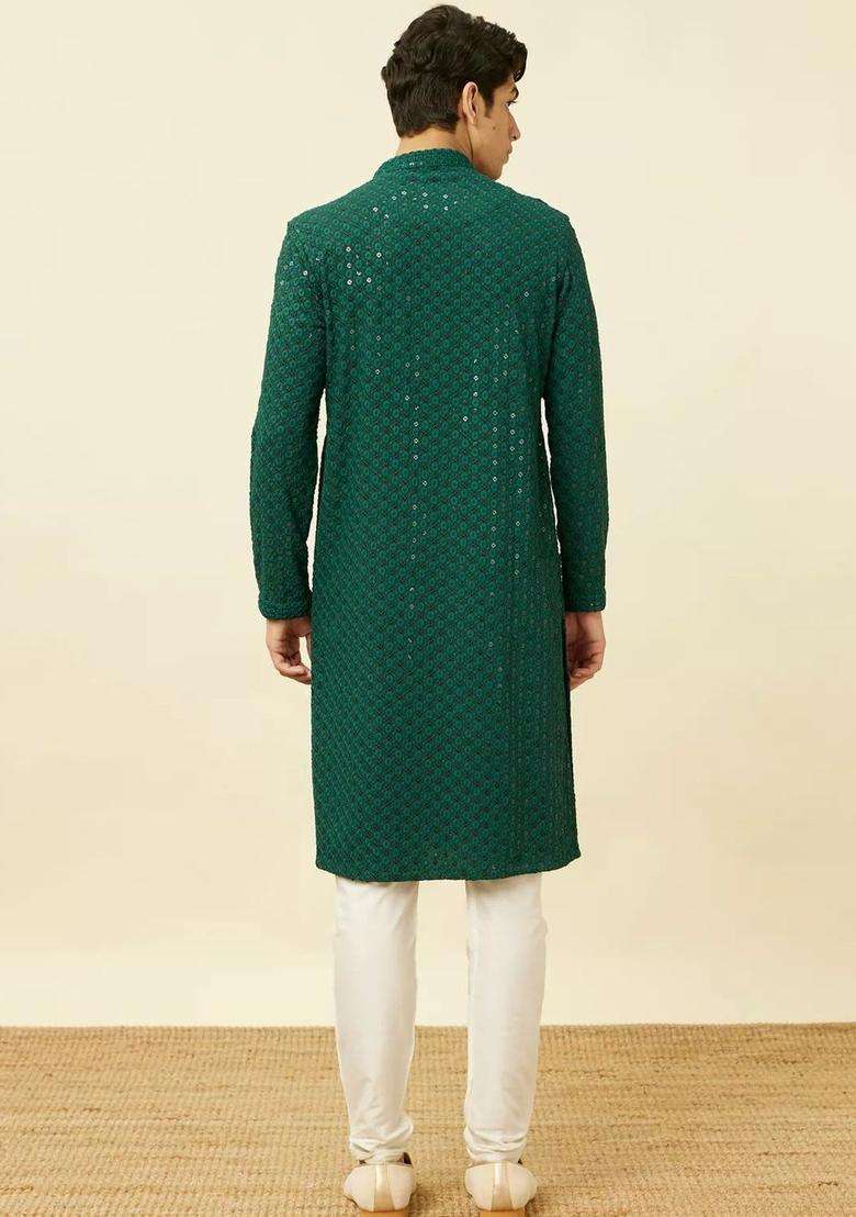 Green Woven Design Viscose Kurta Set For Men - Indya