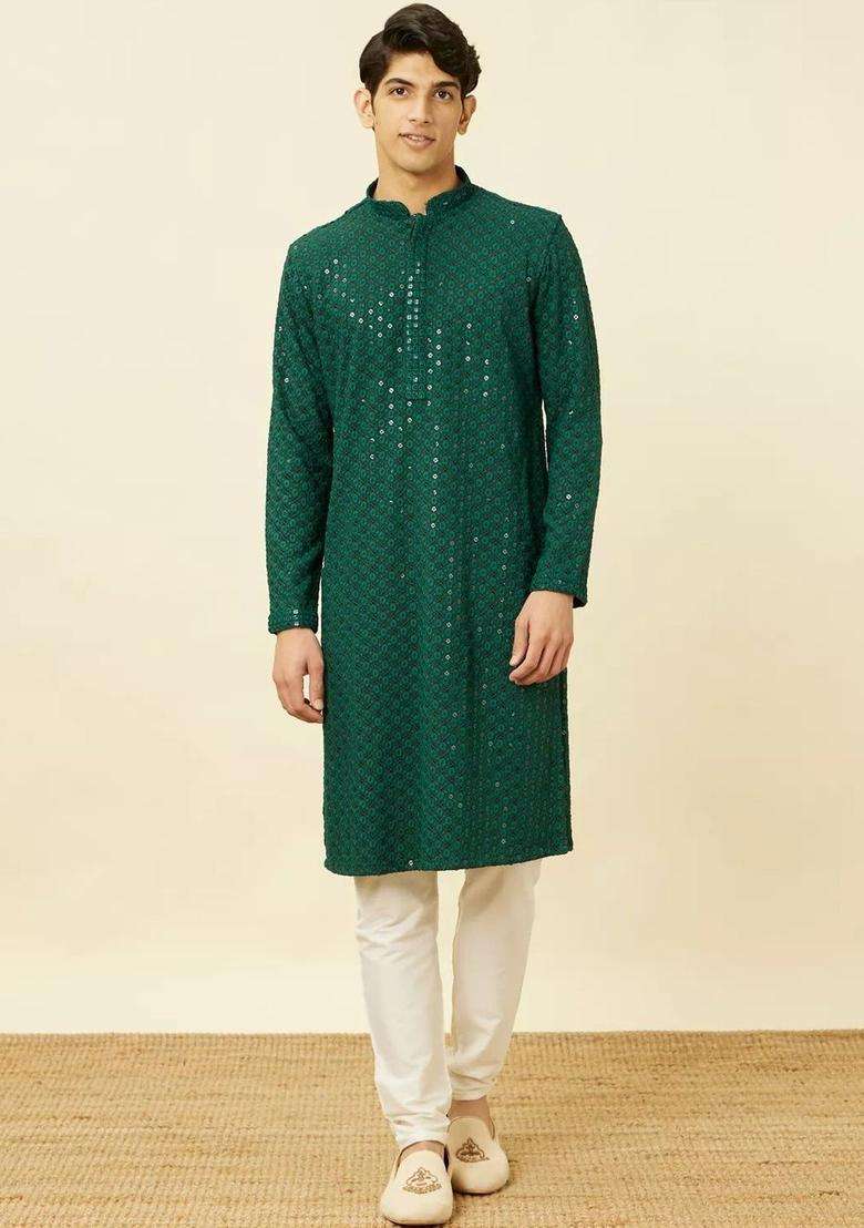 Green Woven Design Viscose Kurta Set For Men - Indya
