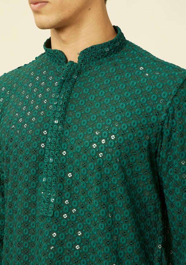 Green Woven Design Viscose Kurta Set For Men - Indya