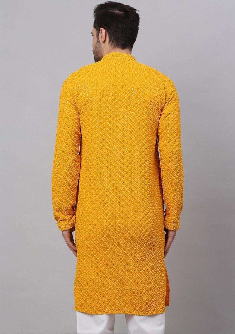 Yellow Embroidered Viscose Kurta Set For Men - Indya