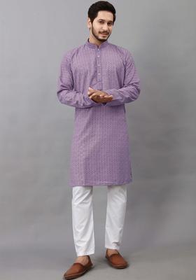 Lavender Self Design Viscose Kurta Set For Men