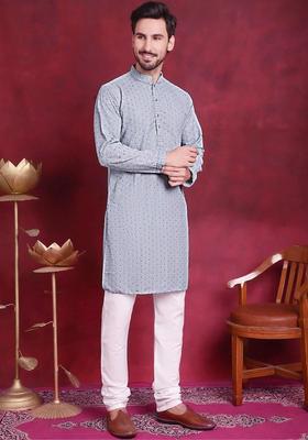 Blue Embroidered Viscose Kurta Set For Men