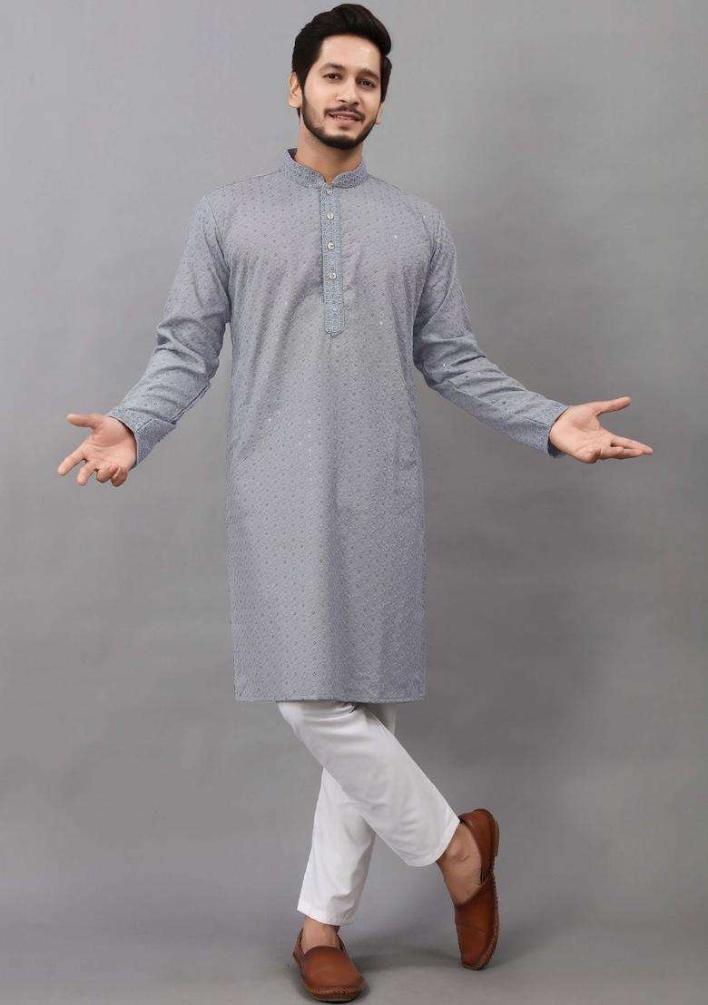 Grey Embroidered Viscose Kurta Set For Men - Indya